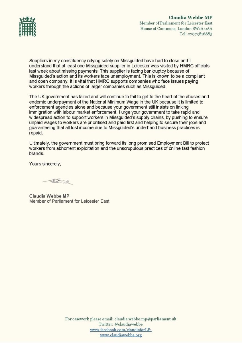 ClaudiaWebbe's tweet photo. I have written to the Chancellor, about the despicable behaviour of online fast fashion brand Missguided.

They failed to pay suppliers for orders whilst continuing to trade and rip-off customers.

Garment factories have closed and workers have been laid-off without pay or notice https://t.co/9rphCiLu1I