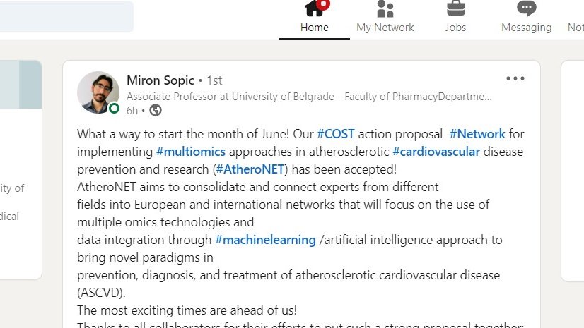 cost17129's tweet photo. Congratulations to project lead @miron_sopic for approval of brand new @COSTprogramme  - #AtheroNET. An international effort to further understanding, diagnosis and treatment atherosclerosis. #CardioTwitter @BelgradeUni @mhackl @ines_potocnjak @StephanieBezzi1 @Robinson7L https://t.co/85tDwEpHGs