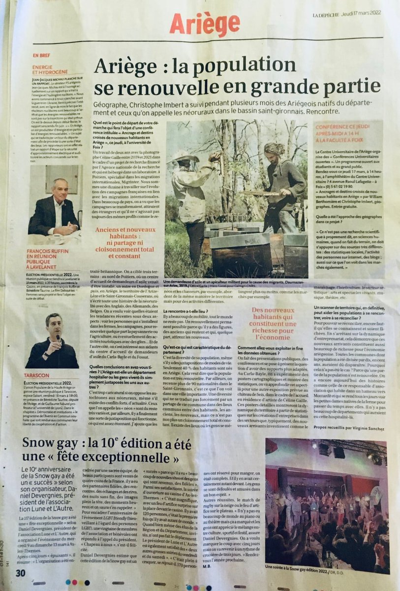 [PUBLI] 
PRINT La Dépêche, Article en Une, "De nouveaux habitants qui redynamisent le territoire",  © Céline Gaille / Hans Lucas
#portrait #hanslucas #migration #nouveauxhabitants #conference #exposition #Ariège #université #foix