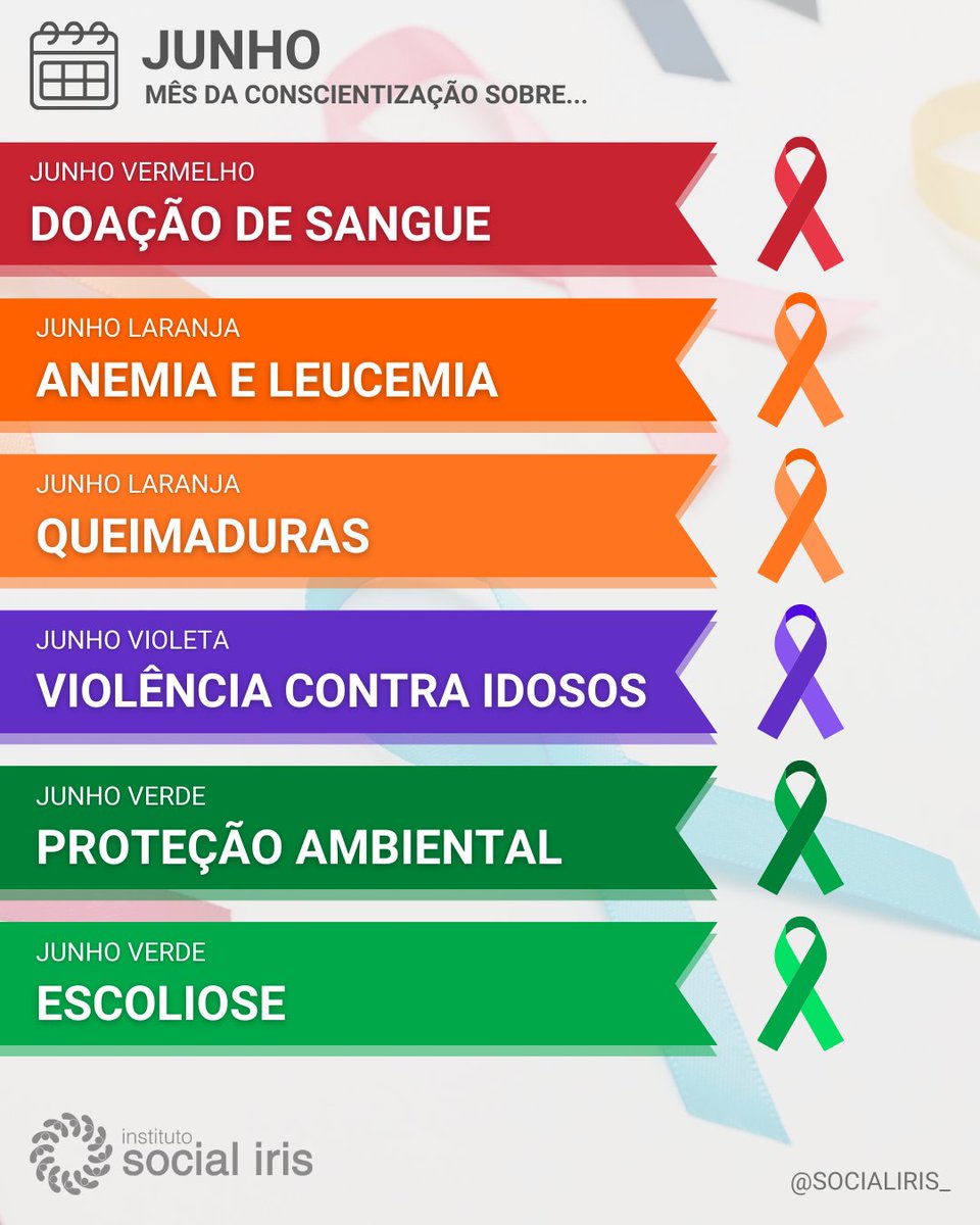 SOCIALIRIS's tweet photo. #JunhoVermelho Pelo incentivo à doação de sangue

#JunhoLaranja Pela conscient. sobre a anemia e leucemia e também pela prevenção de queimaduras

#JunhoVioleta Pelo combate à violência contra a pessoa idosa

#JunhoVerde Pela proteção ambiental e pela conscient. sobre à escoliose https://t.co/JvGhaksAel