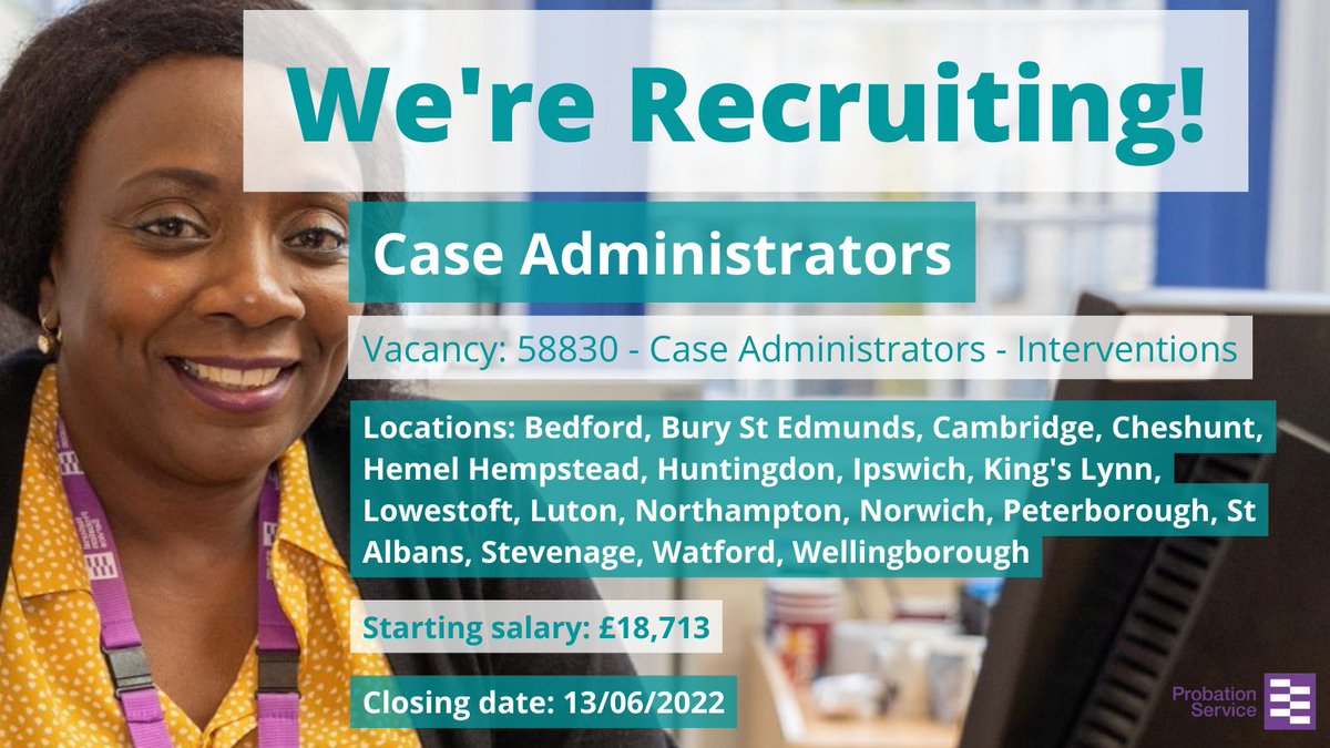 EoEProbation's tweet photo. 🎉We're #recruiting Case Administrators across the East of England! 

💻Click the link to apply and kick off your Probation Service career!

🔗https://t.co/XIIzPFOSQb

@EoEPSregion @SteveJPEofE #vacancy #HiringAlert #careers #civilservice #vacancies #entrylevel #jobhunt #admin https://t.co/r76OL515vG