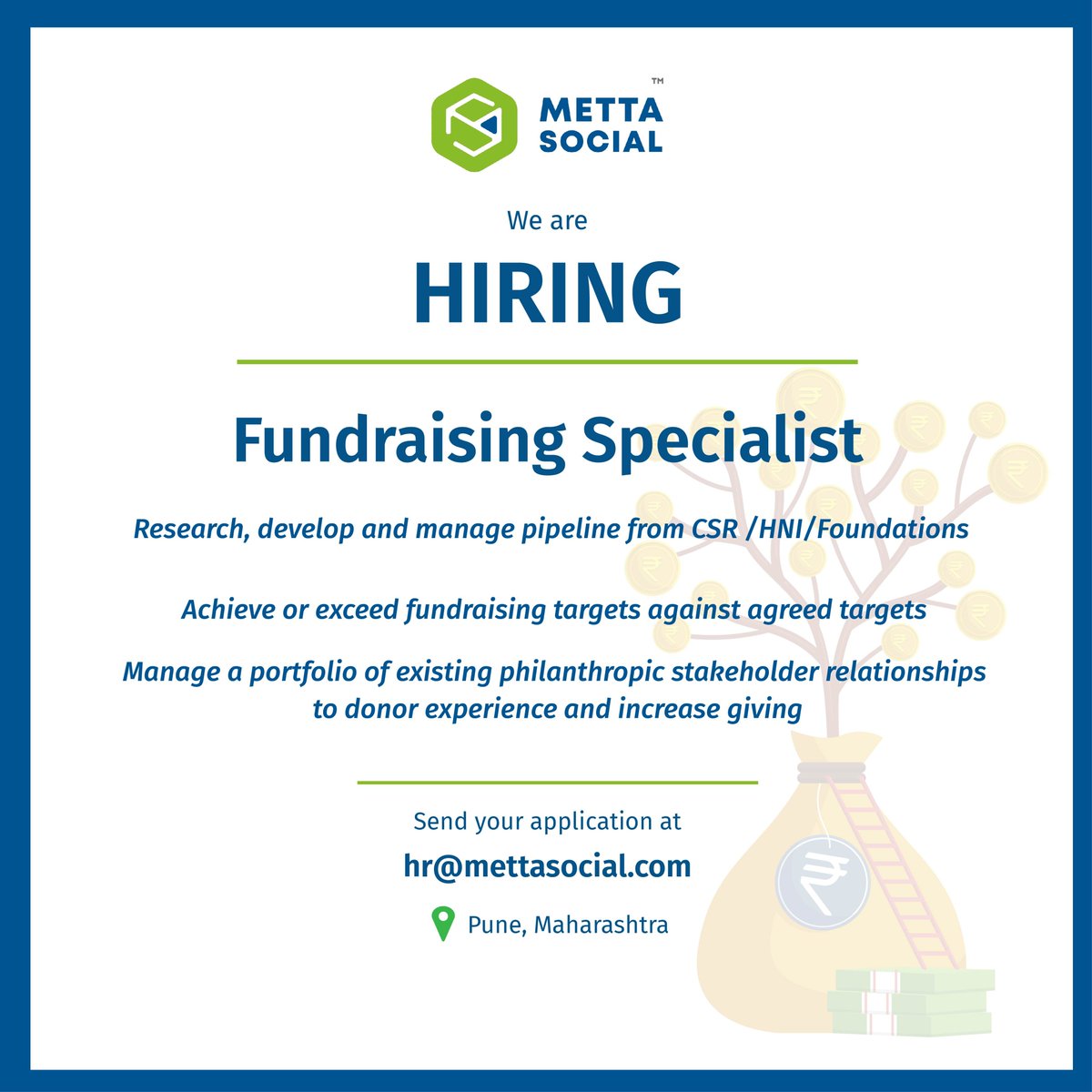 metta_social's tweet photo. We are hiring #fundraising specialists who have expertise in raising funds for Non Profit organisations.
#ngosofindia #socialsector #developmentsector #developmentsectorjobs #socialenterprises #hiring #sdg2030 https://t.co/UaoYnlmFde
