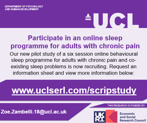 We are now recruiting for a new pilot study to improve sleep and wellbeing in adults with chronic pain. To find out more, please visit uclserl.com/scripstudy or email zoe.zambelli.18@ucl.ac.uk #sleep #research #chronicpain #welbeing <a href="/uclserl/">UCL Sleep Education and Research Lab (SERL)</a>