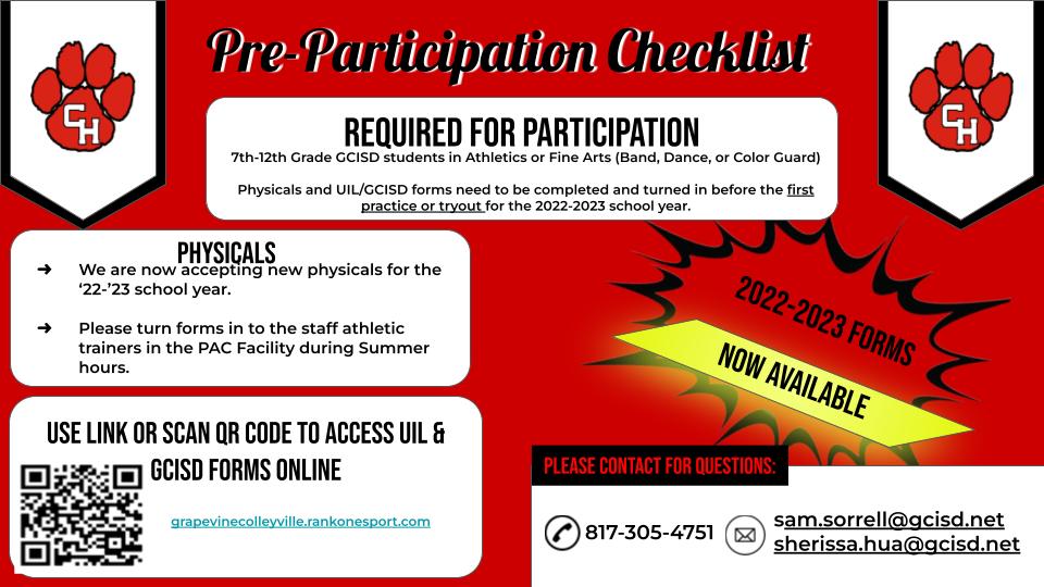 CHHS_sportsmed's tweet image. 22/23 forms are now online! Get your paperwork done now for next year! @CHHS_FOOTBALL @VB_CHHS @CHHSCXC @CHHS_LadyHoops @CHHS_Hoops @CHBSoccer @CHHS_LPSoccer @wrestling_chhs @CHHS_baseballs @chhs_softball @CHPantherCheer @ChhstrackF @cheritagetennis @panther_golf @chhspanteras