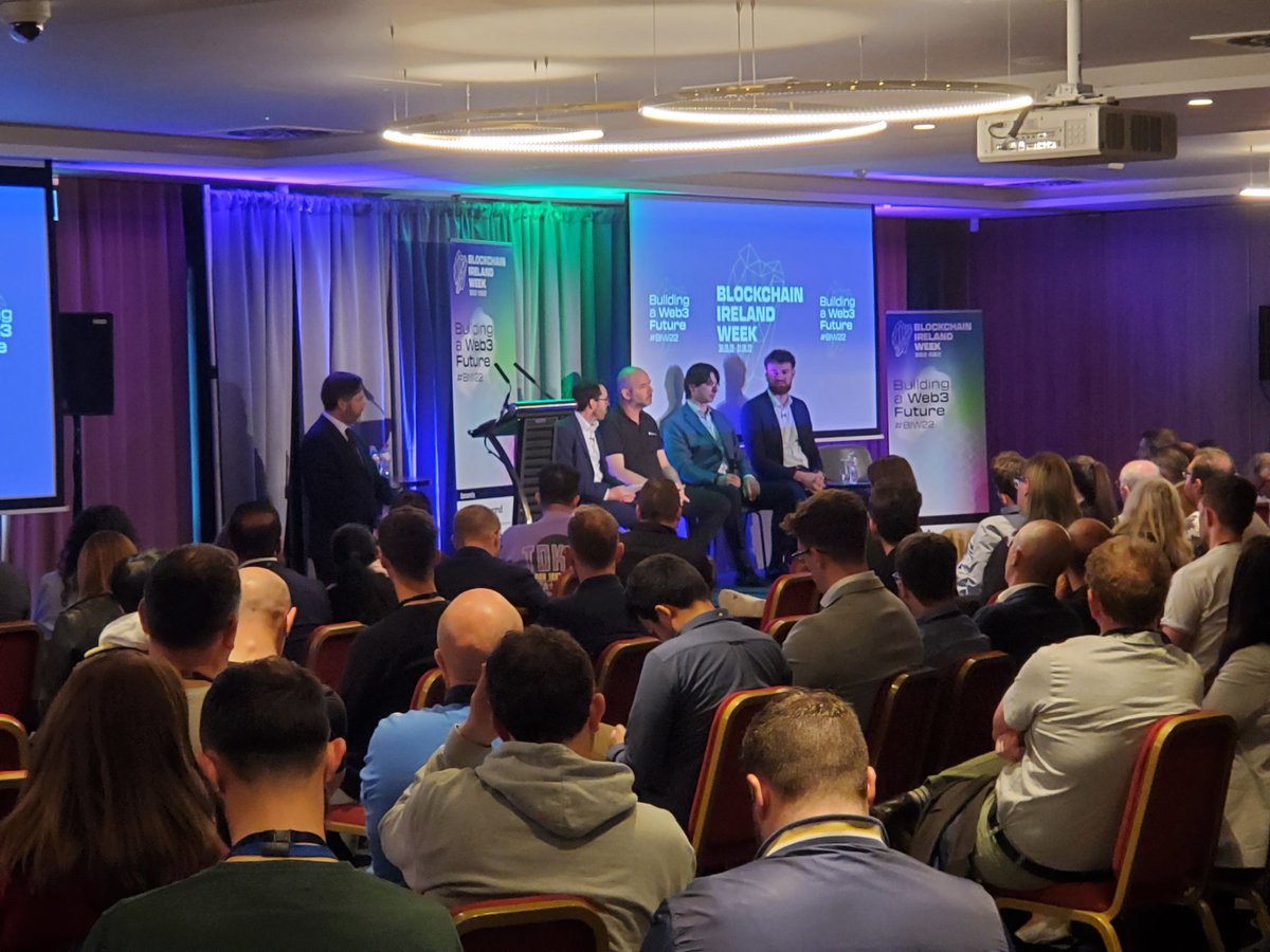 Bitcoin_Ireland's tweet photo. Successful Day 2 of #BlockchainIrelandWeek
Great to see such a huge turn out to every speaking event with the room at capacity for the whole day.Our co-founder @BitcoveJames was part of the first panel of the day discussing how Ireland could become the blockchain hub of Europe https://t.co/3A4qAIOwzw