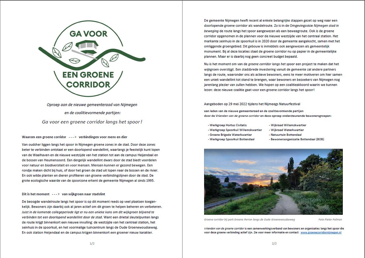 Met onze oproep 'Ga voor een groene corridor' aan gemeenteraad 024 pleiten we voor aandacht in het nieuwe coalitie-akkoord voor deze groene verbindingslijn door de stad, met o.a. een opgeknapt seinhuis