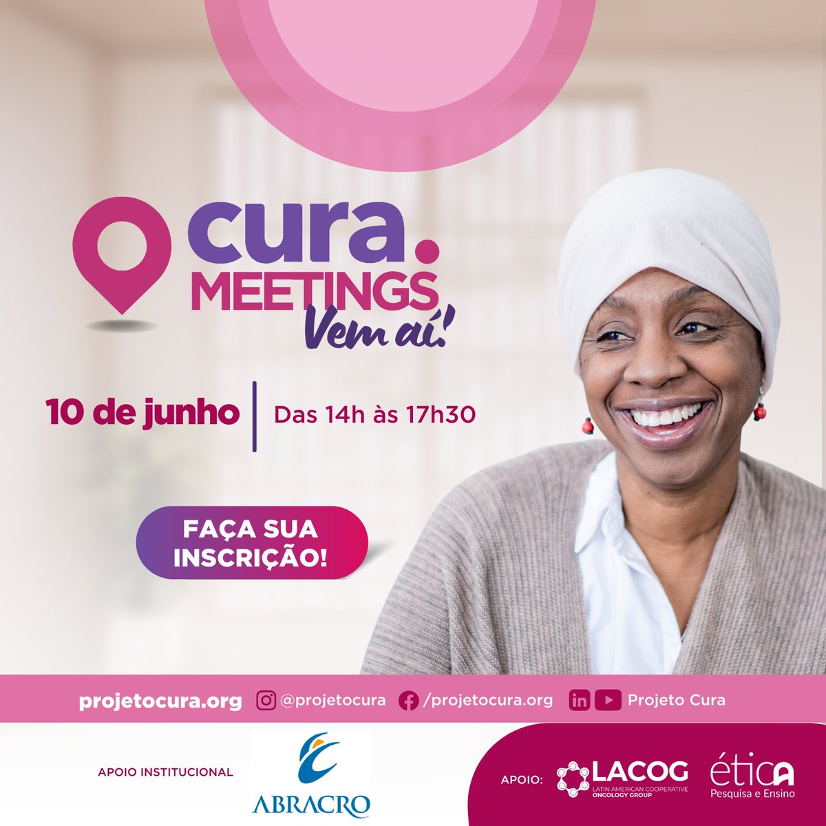 Abracro's tweet photo. O Projeto Cura, com o Apoio Institucional da Abracro realiza a segunda edição do "Cura Meetings", a proposta será debater sobre “Os desafios das políticas públicas voltadas para a regulação e incentivo das pesquisas oncológicas no Brasil”. Inscrição em: https://t.co/qzxdHhlzwu https://t.co/RSoR6e7T4o
