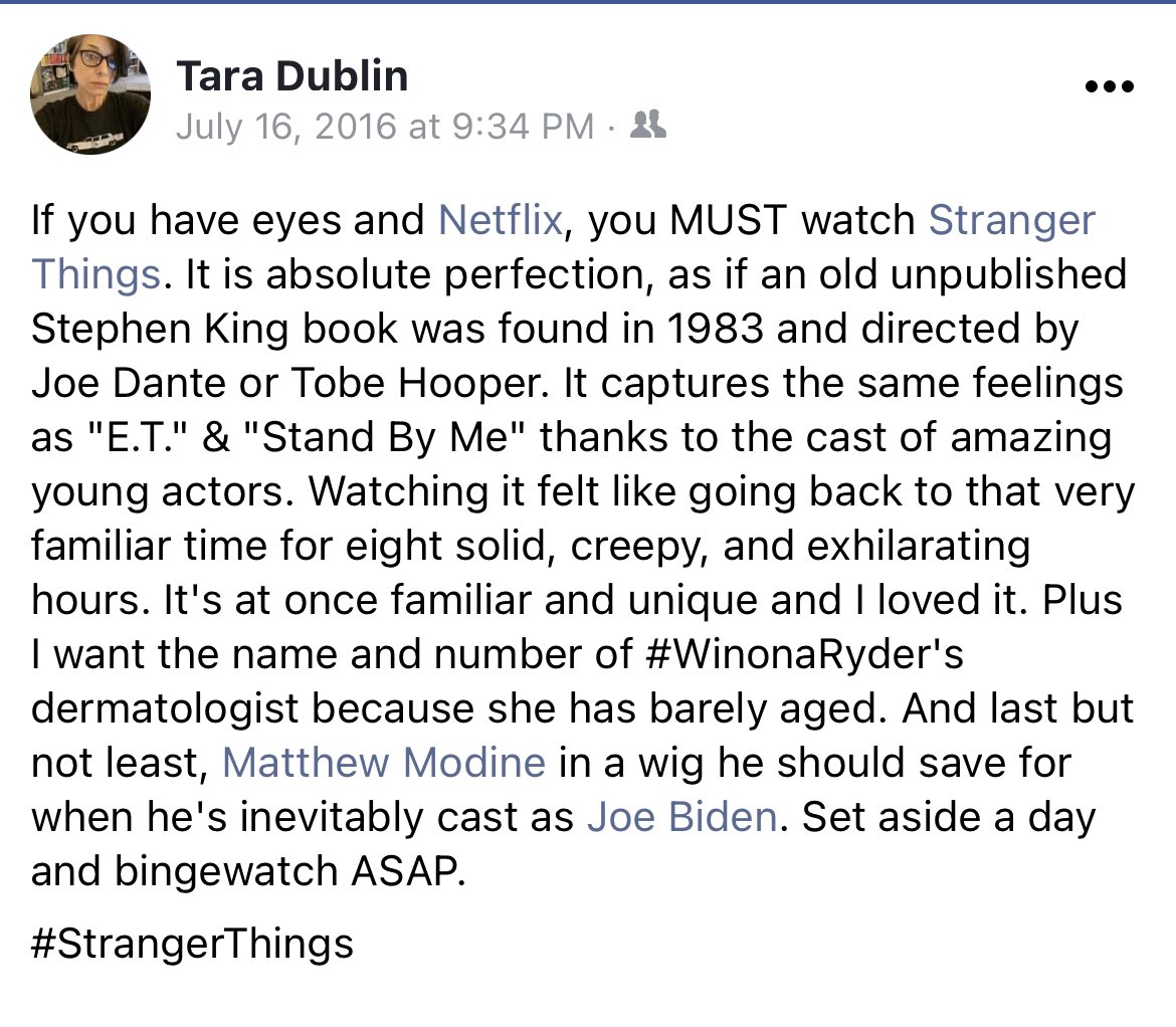 taradublinrocks's tweet photo. @ShawnLevyDirect @Stranger_Things @MatthewModine This was my original 2016 take on #StrangerThings & I like it when I’m right about stuff 😏 #Modine https://t.co/WEvvLpwuIC