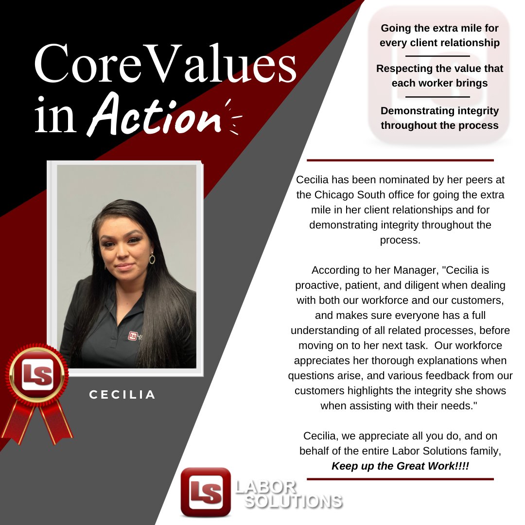 LaborSolutions's tweet photo. Congratulations and thank you Cecilia for everything that you do! We appreciate you.
https://t.co/kcwwQVRWZr
#laborsolutions #corevaluesinaction #corevalues #employeeappreciation #staffingagency #chicagosouth #laborsolutionscares https://t.co/EvKQwIgGdM