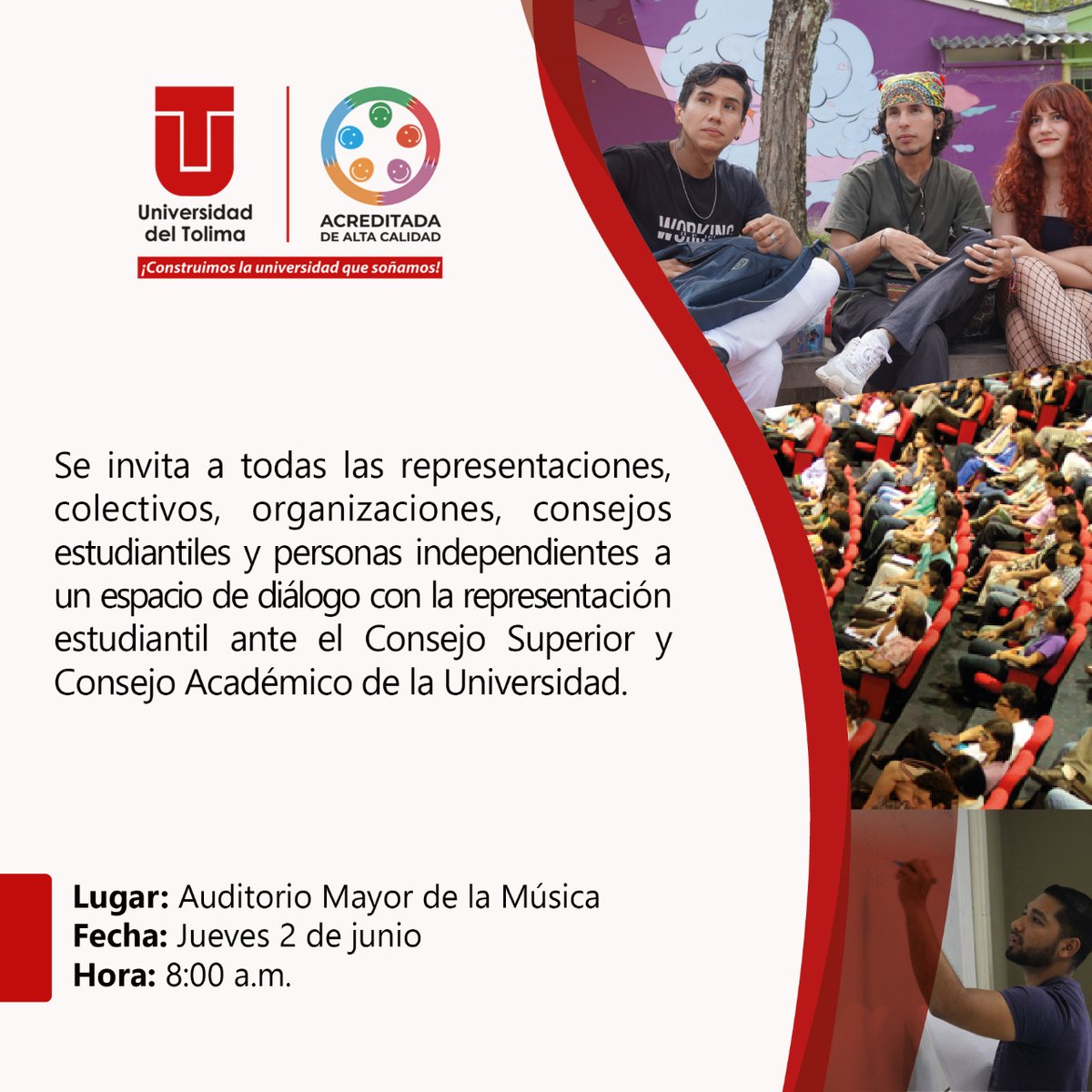 Uni_Tolima's tweet photo. #ViveLaUT | Extendemos la invitación a organizaciones y colectivos estudiantiles al diálogo organizado por la representación del estamento estudiantil al Consejo Superior y Académico. https://t.co/mXiN2kyjAh