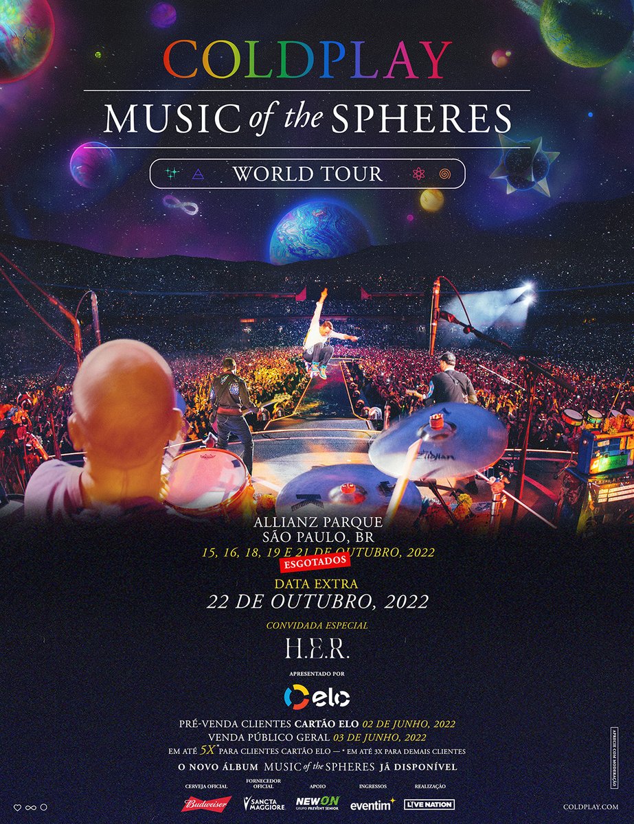 coldplay's tweet photo. Sixth São Paulo show just announced!

22 Oct - Allianz Parque, São Paulo (ELO presale Thursday, general sale Friday)

#MusicOfTheSpheresWorldTour https://t.co/dR2uMTuhhK