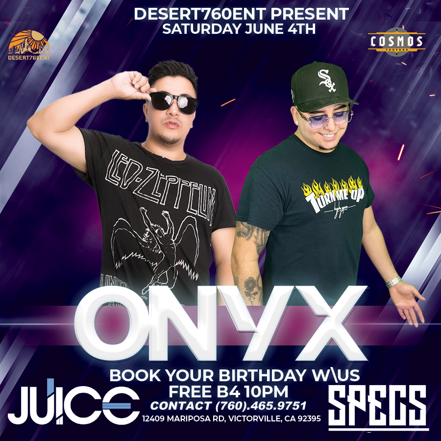 CosmosTaverna's tweet photo. SATURDAY @onyx_saturdays ‼️ the return of DJ Juice  w/ @specs free before 10pm‼️
@cosmostaverna @desert760ent ‼️ Bottle service and table reservations are available. https://t.co/xoV9olj349 https://t.co/N05iMdewfC