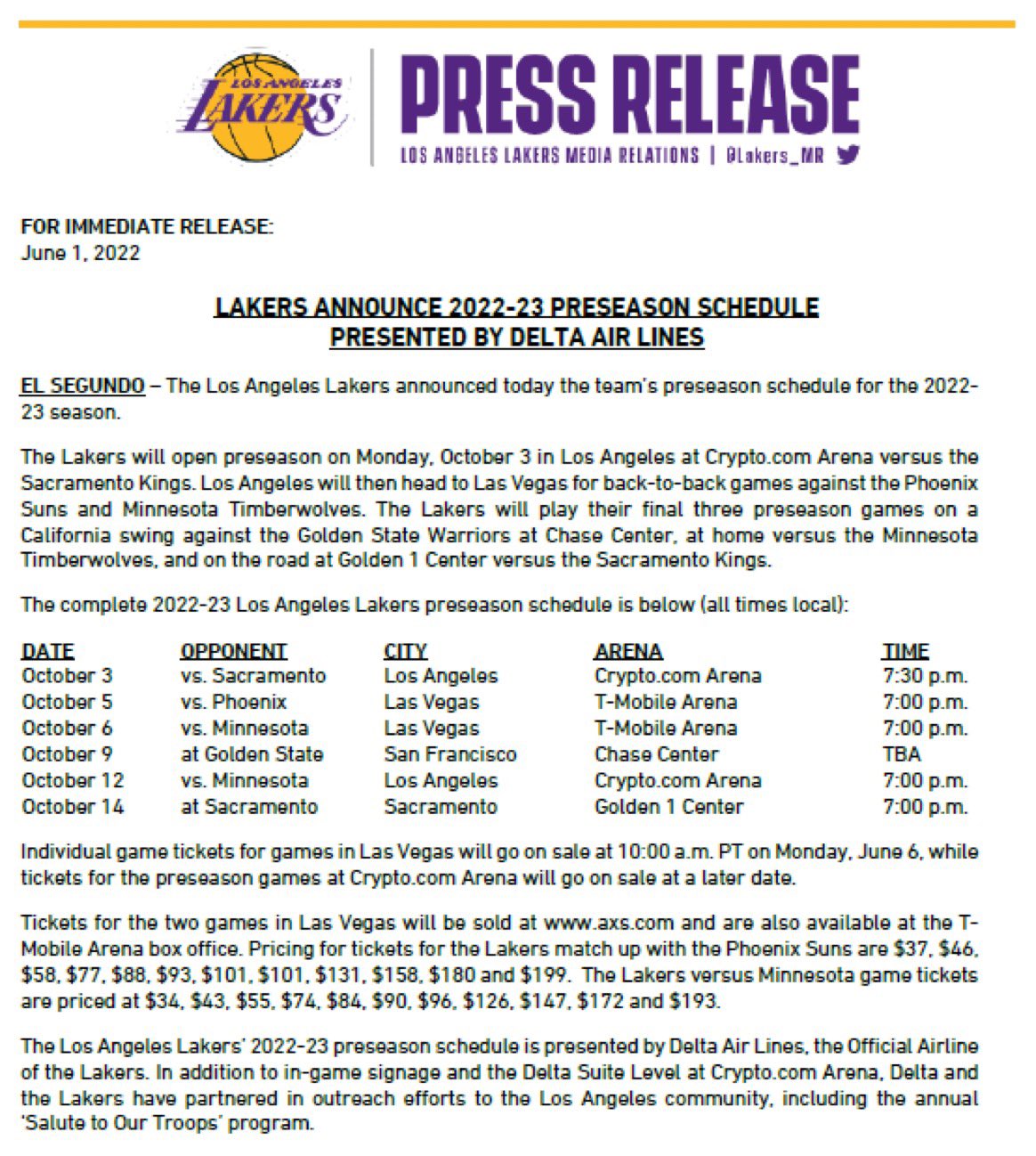 Marc J. Spears on Twitter "Lakers preseason schedule https//t.co