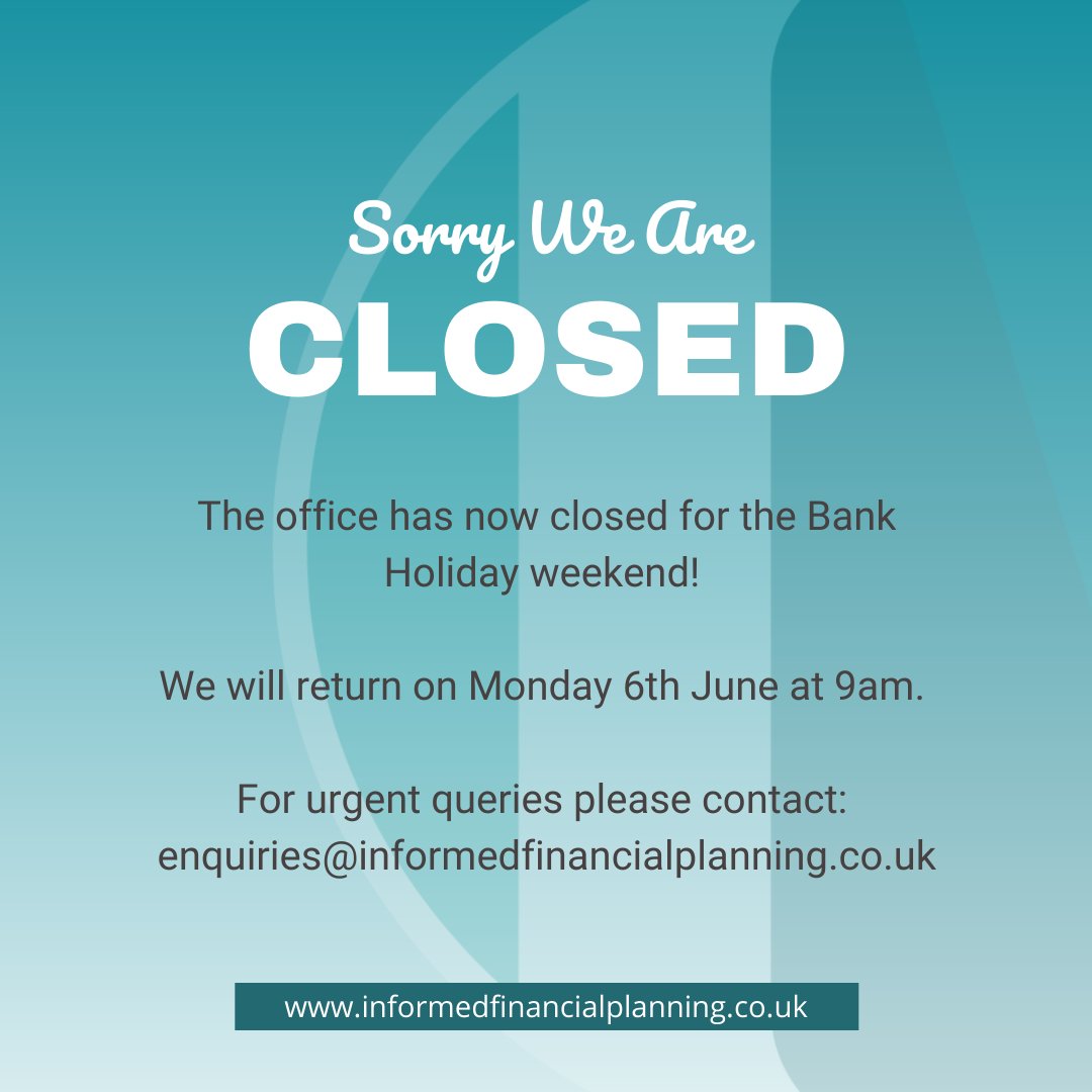 Are you looking forward to the long weekend? We certainly are! 🥂☀

We are now closed until Monday 6th June at 9am. Please direct any queries to enquiries@informedfinancialplanning.co.uk. 

We hope you have a fantastic jubilee weekend! 👑

Team IFP