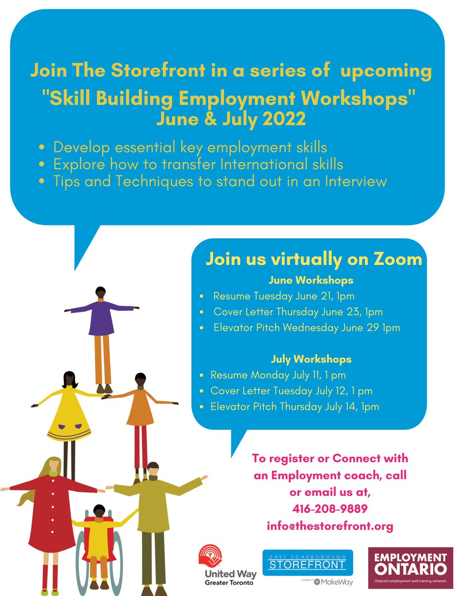 StorefrontKGO's tweet photo. Join The Storefront in a series of  upcoming workshops! Develop essential and key employment skills, explore how to transfer International skills and get some “Tips and Techniques” to stand out in a job Interview. #StorefrontKGO #Volunteers #EastScarbWorks #ACEYKGO #Youth https://t.co/7vBwp3hbpc