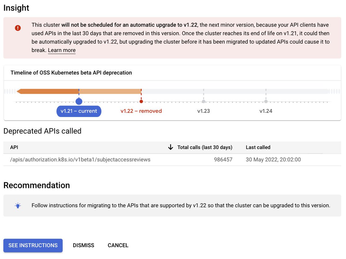 To beautifully illustrate some of the points in my <a href="/GCPPodcast/">GCP Podcast</a> conversation w/<a href="/magnezi/">Jacob Kobi Magnezi</a> &amp; <a href="/boredabdel/">Abdel SGHIOUAR</a> -I just found a demo cluster I accidentally left up &amp; it has an upgrade issue! WHICH GCP TELLS ME ABOUT! Look at that beautiful warning. Have you ever seen such a lovely thing? 🤩