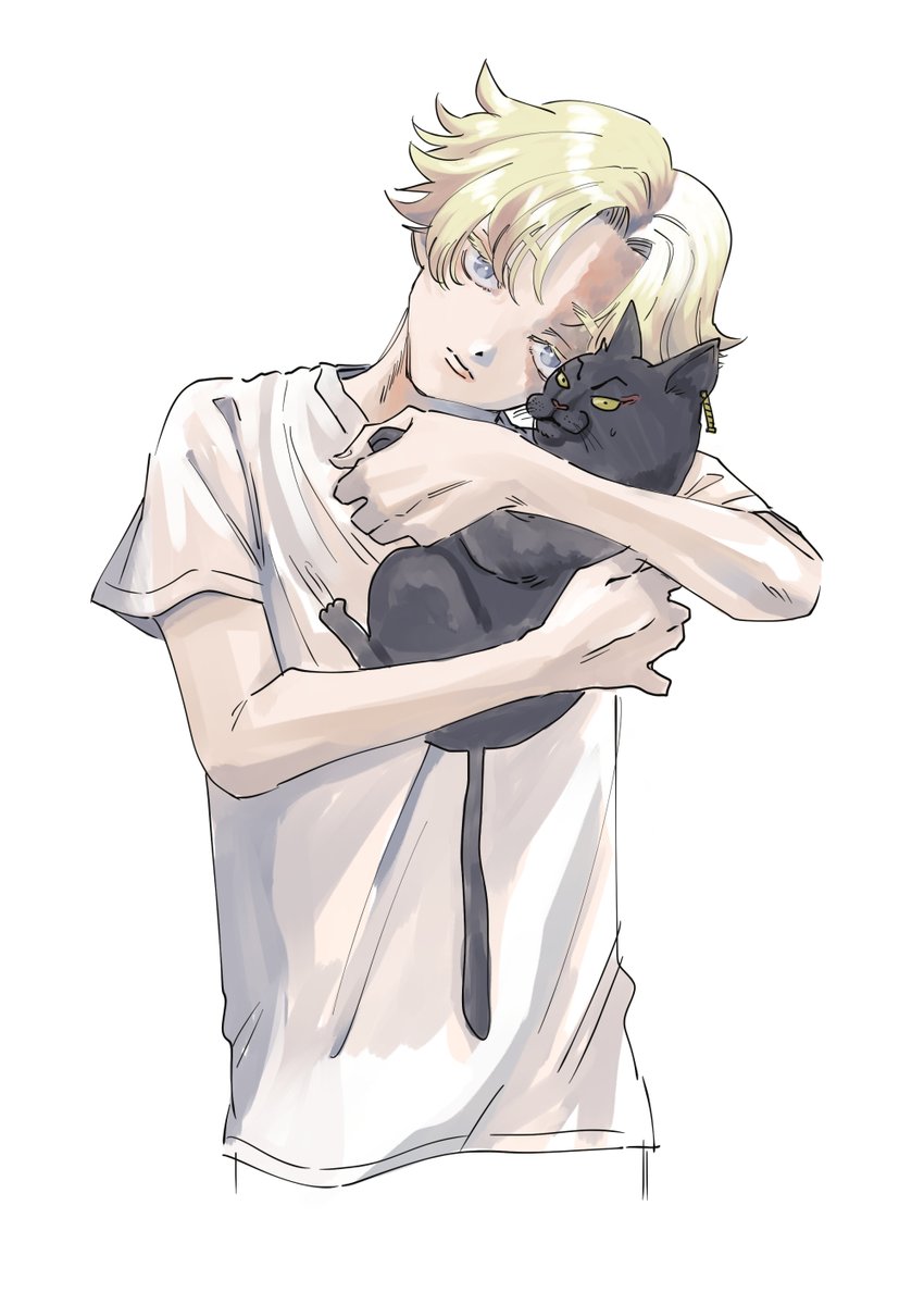 1boy blonde hair male focus white background holding cat shirt  illustration images