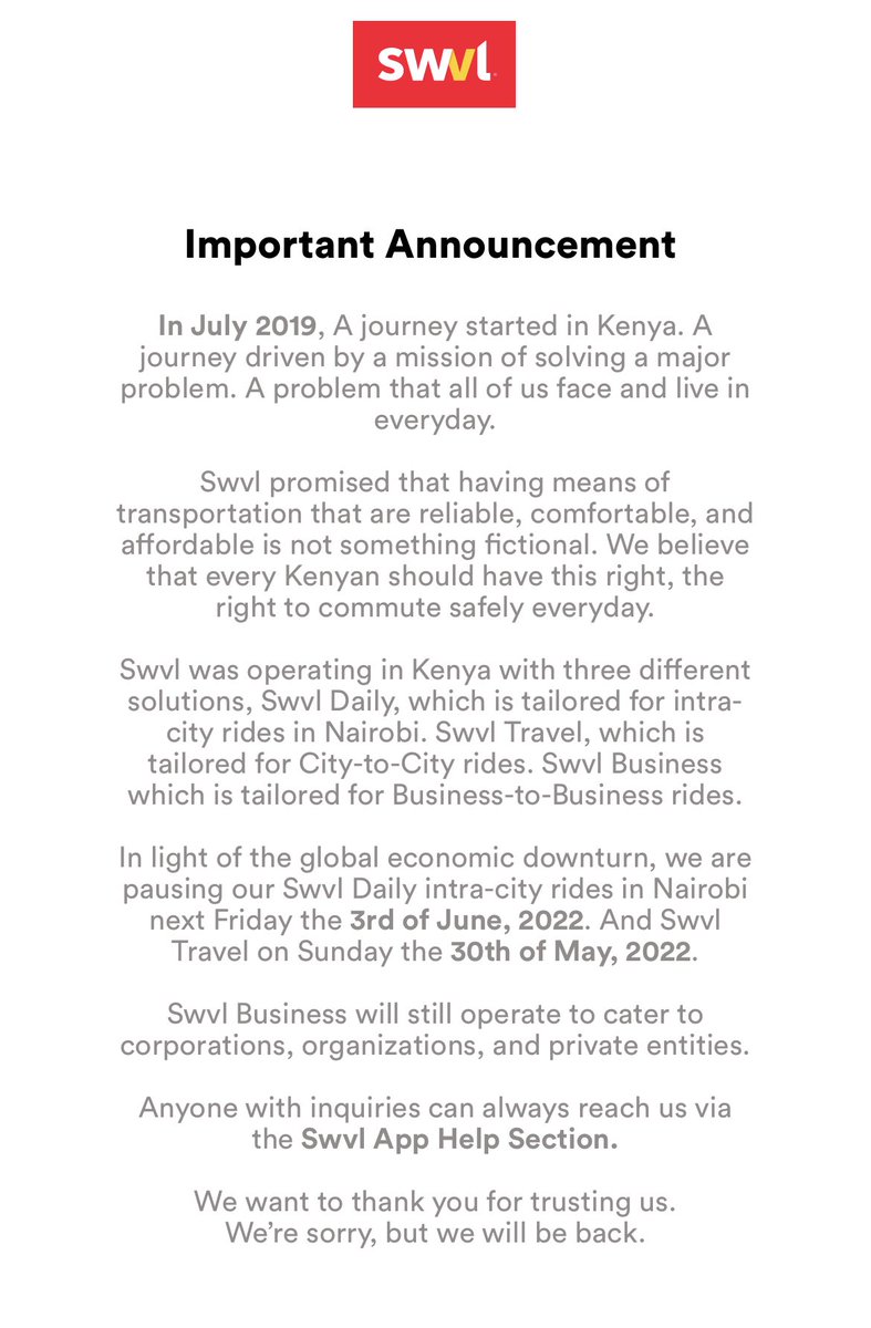 ItsMurumba's tweet photo. Sad Swvl Daily is being paused. cc ⁦@SwvlKenya⁩ ⁦@Ma3Route⁩ https://t.co/eOAGEGegue