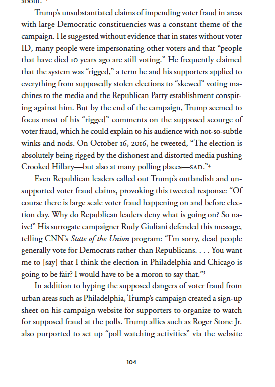rickhasen's tweet photo. And here is my description from my 2020 book, #ElectionMeltdown, of Trump claiming in the 2016 election that there would be fraud committed in urban areas with lots of people of color. Lots of racist innuendo: https://t.co/b6nxhA4mcy