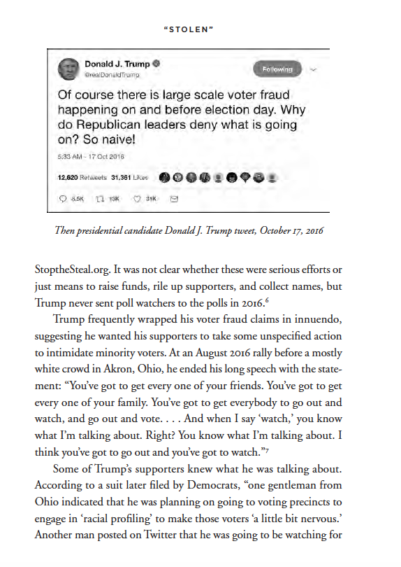 rickhasen's tweet photo. And here is my description from my 2020 book, #ElectionMeltdown, of Trump claiming in the 2016 election that there would be fraud committed in urban areas with lots of people of color. Lots of racist innuendo: https://t.co/b6nxhA4mcy