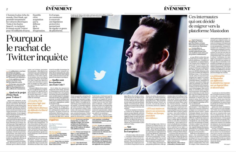 [PUBLI] 
PRINT La Croix du 27 avril.
"Pourquoi le rachat de Twitter inquiète", avec cette photo d'illustration du logo Twitter et du portrait d'Elon Musk.
© Adrien Fillon / Hans Lucas
#hanslucas #presse #lacroix #ElonMusk