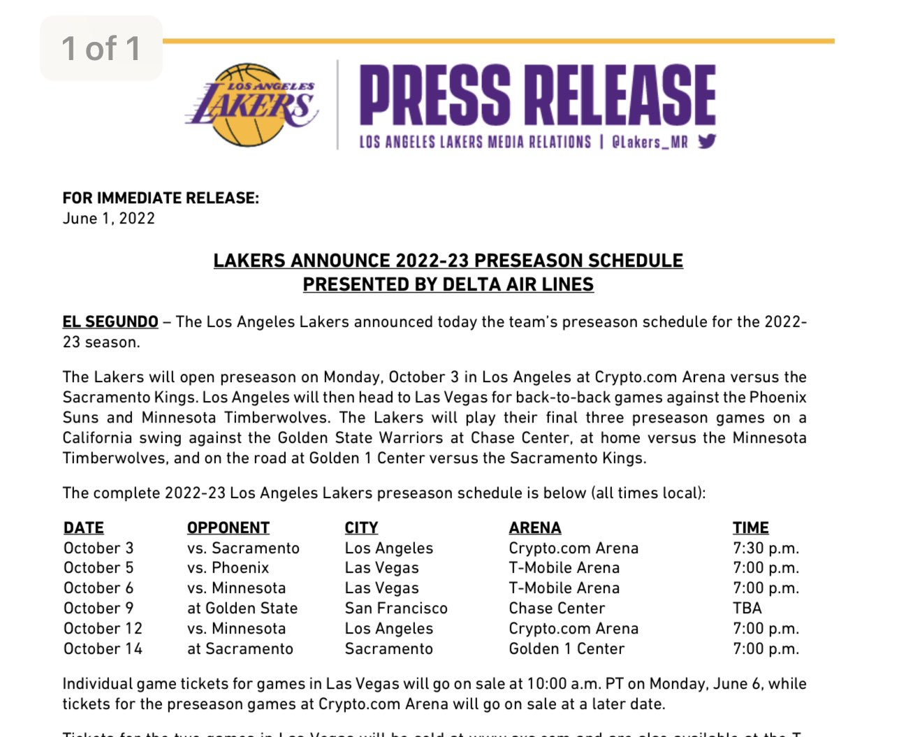 Lakers Announce 2023-24 Preseason Schedule, Presented by Delta Air