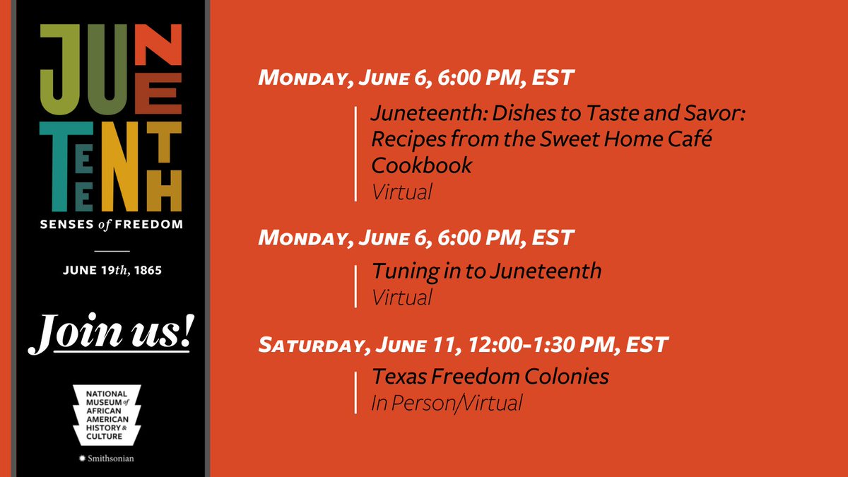 #Juneteenth is officially a federal holiday, and to celebrate, our museum is throwing a monthlong celebration featuring the “senses” of freedom – the taste, sounds, and experiences of Jubilee for you &amp; your family.

It all starts June 6. Learn more👇🏾

s.si.edu/JuneteenthEven…