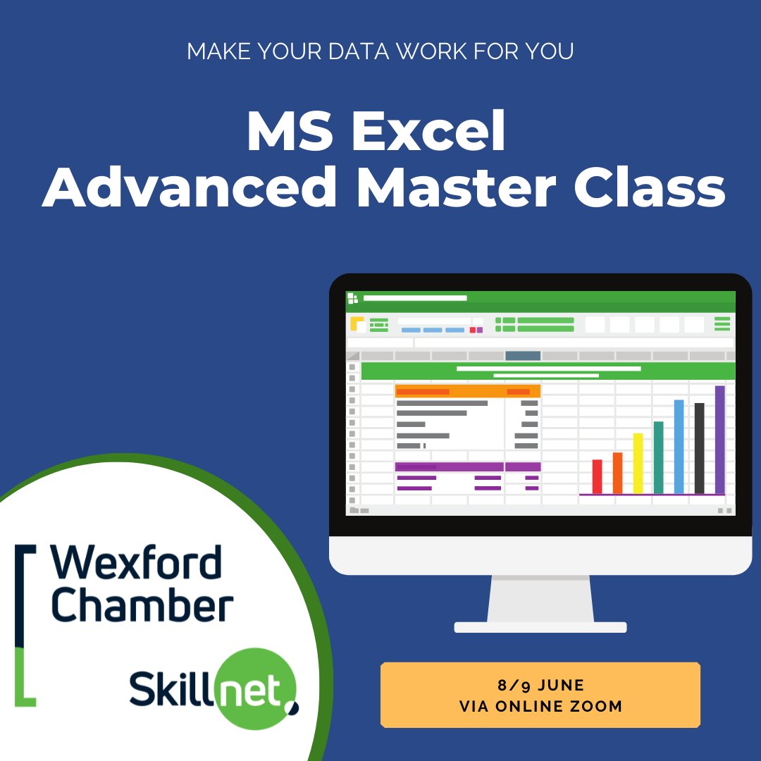 Master Class - MS Excel Tips & Tricks Advanced – 8/9 June – €65 ADVANCED – Online Workshop – Duration 2 x Half day workshops, 8th and 9th June, 9.30am to 12.30pm (both days) 🤓 For more information on how to book visit our website here: skillnet.countywexfordchamber.ie/courses/excel-…