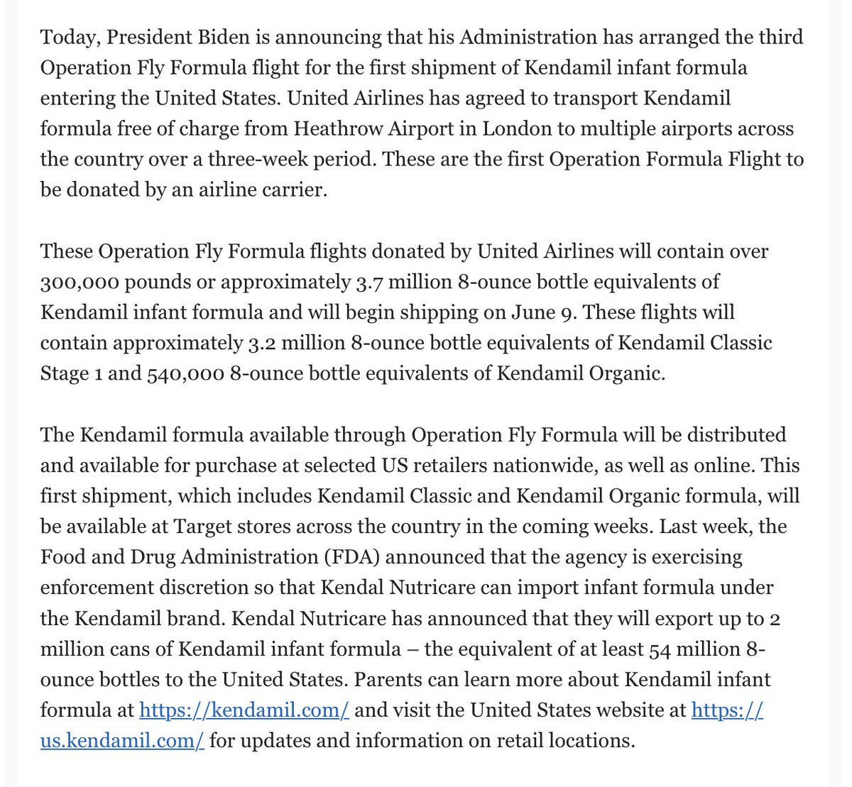 EliStokols's tweet photo. NEW: WH announces United will fly 3.7 million bottles of Kendamil infant formula from UK to the US starting June 9. Will be available at Target stores “in the coming weeks.” https://t.co/HLWl4EhqCU