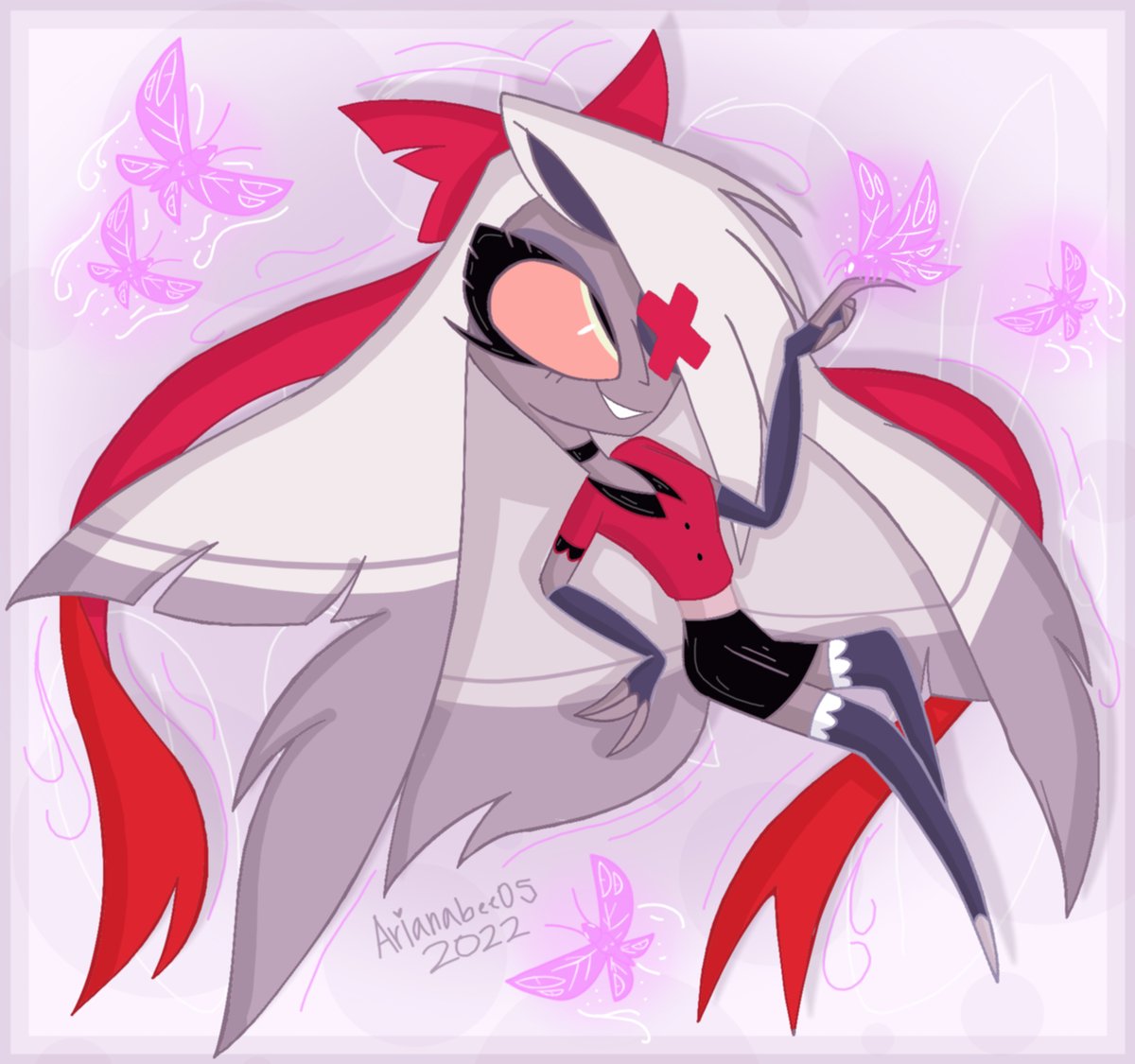 xArianaBee0xxaw's tweet photo. The moth has finally come out of her cocoon🦋💜💜She looks amazing is her new design🤩🤩🤩✨
#HazbinHotelVaggie #HazbinHotel #mothdemon #protector https://t.co/cFkutvObk5