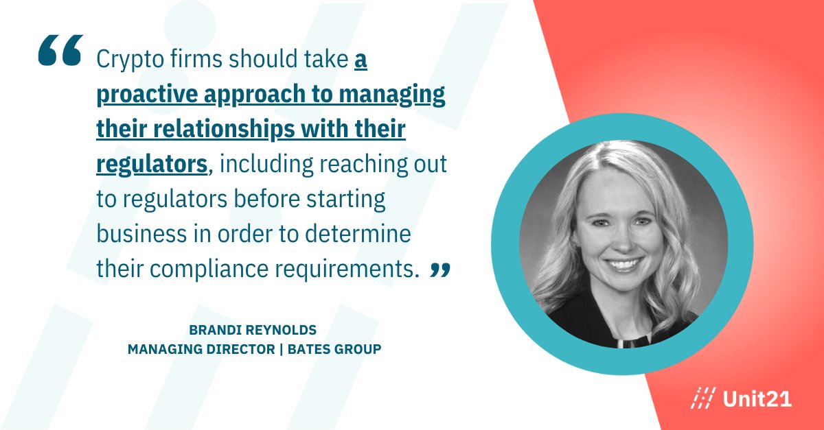 unit21inc's tweet photo. “Most #cryptocompanies operate on unique business models with very little precedent in terms of regulatory compliance. As such, an #AMLprogram can’t be designed as an ‘off the shelf’ document," explained Brandi Reynolds of @BatesGroup. This begs the question: https://t.co/iAVGNnMX3S