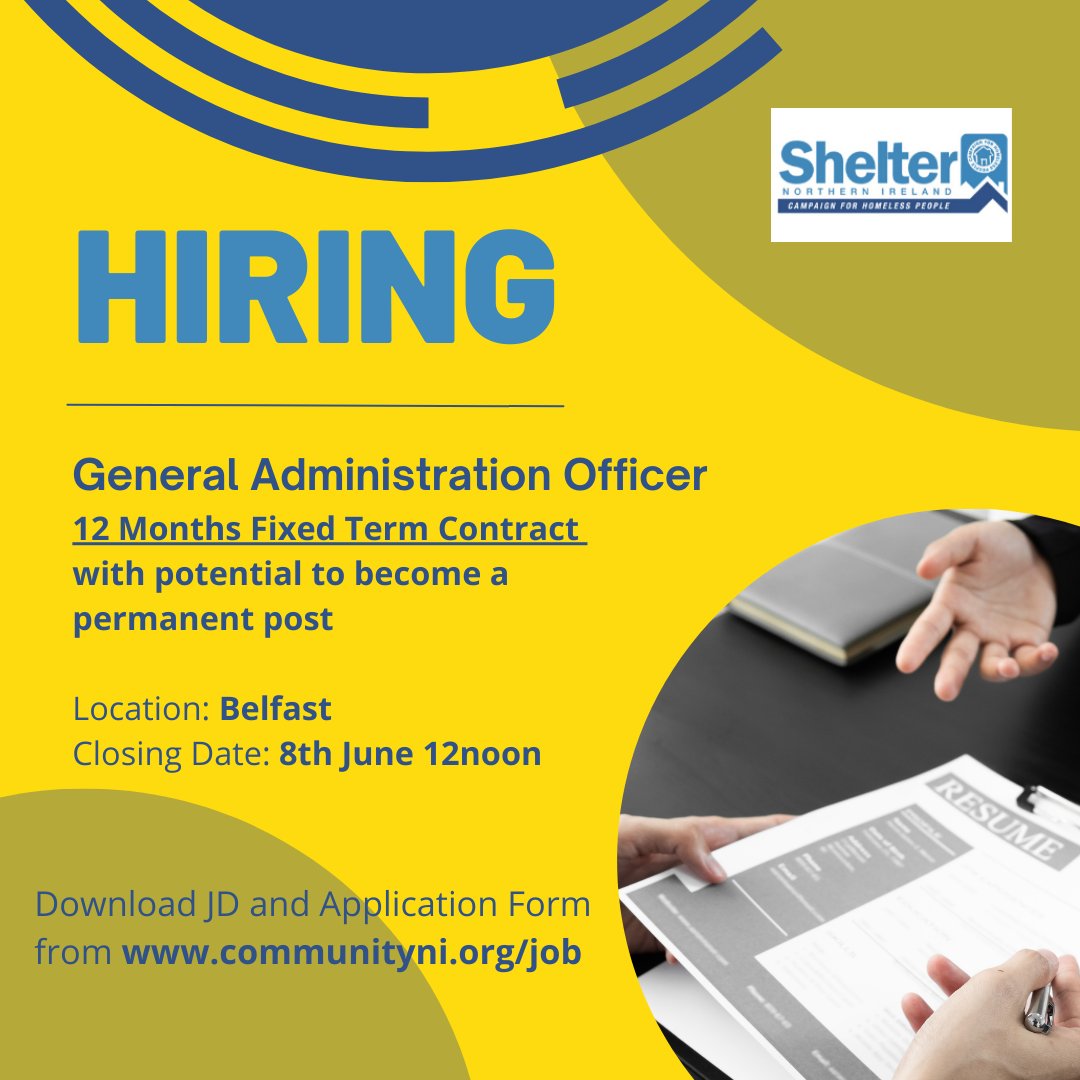 **JOB OPPORTUNITY** General Administration Officer - 12 Months Fixed Term Contract (But With An Option To Be Made Permanent Following A Review) Closing date:08.06.22 shelterni.org/article/careers #adminjob #belfast #adminbelfast #shelterni #jobsbelfast