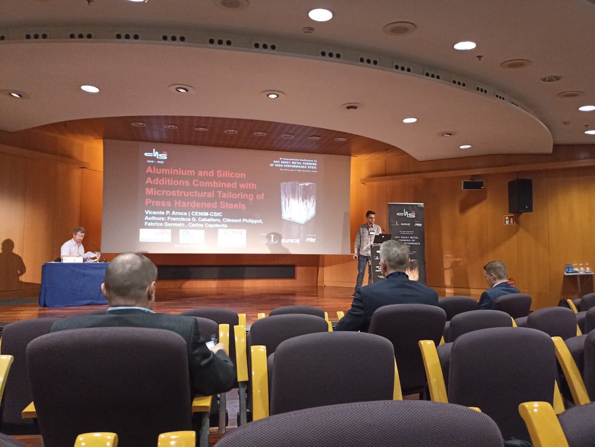 CapdevilaCcm's tweet photo. Vicente Pérez del Grupo Materalia del @CENIM_CSIC presenta su trabajo dentro del Proyecto RFCS MiPRE en aceros PHS para aplicación en el sector del automóvil en congreso CHS2 #chs2 #MiPRE #hotstampingsteel https://t.co/lRlAjQcT4c