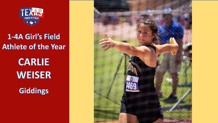TTFCA (@ttfca) on Twitter photo BREAKING: 1-4A Girl's Field Athlete of the Year - CARLIE WEISER of Giddings: Won SP & Discus <a href="/UIL/">UNESCO-UIL</a> State Meet; set 4A mark at 157-04. 51-01.75 SP earlier in season #5 TX History
<a href="/TXMileSplit/">Texas MileSplit</a> <a href="/carlie_weiser/">Carlie Weiser</a> <a href="/LadyBuffStuff/">Giddings Lady Buffs</a> <a href="/throwing_the/">The Throwing Factory</a> <a href="/ThrowSumthin/">Auntie Throw Sumthin - the Community Coach ⚪💣🥇</a> <a href="/nationalthrows/">National Throws</a> <a href="/AngryHalfMiler/">Coach SWERV M.Ed. R.A.A</a> BREAKING: 1-4A Girl's Field Athlete of the Year - CARLIE WEISER of Giddings: Won SP & Discus <a href="/UIL/">UNESCO-UIL</a> State Meet; set 4A mark at 157-04. 51-01.75 SP earlier in season #5 TX History
<a href="/TXMileSplit/">Texas MileSplit</a> <a href="/carlie_weiser/">Carlie Weiser</a> <a href="/LadyBuffStuff/">Giddings Lady Buffs</a> <a href="/throwing_the/">The Throwing Factory</a> <a href="/ThrowSumthin/">Auntie Throw Sumthin - the Community Coach ⚪💣🥇</a> <a href="/nationalthrows/">National Throws</a> <a href="/AngryHalfMiler/">Coach SWERV M.Ed. R.A.A</a>