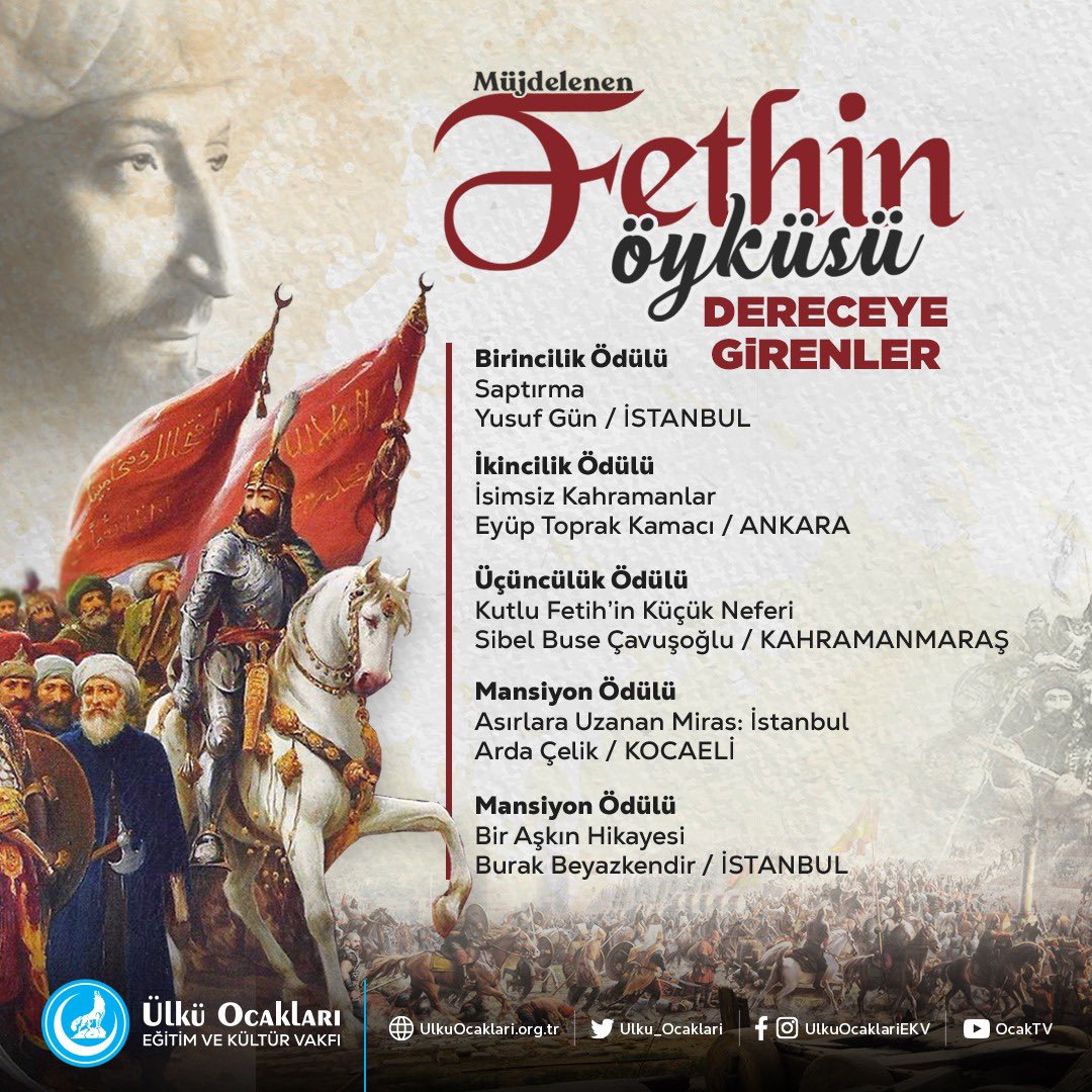 Ülkü Ocakları olarak"Müjdelenen Fethin Öyküsü"adıyla liseler arası gerçekleştirdiğimiz ödüllü öykü yarışmasında dereceye girenleri tebrik ediyorum.🏅

Yakın bir tarihte, yarışmaya katılan tüm katılımcılarımızın öykülerini kitap haline getirerek okuyucularımızla buluşturacağız.✍️