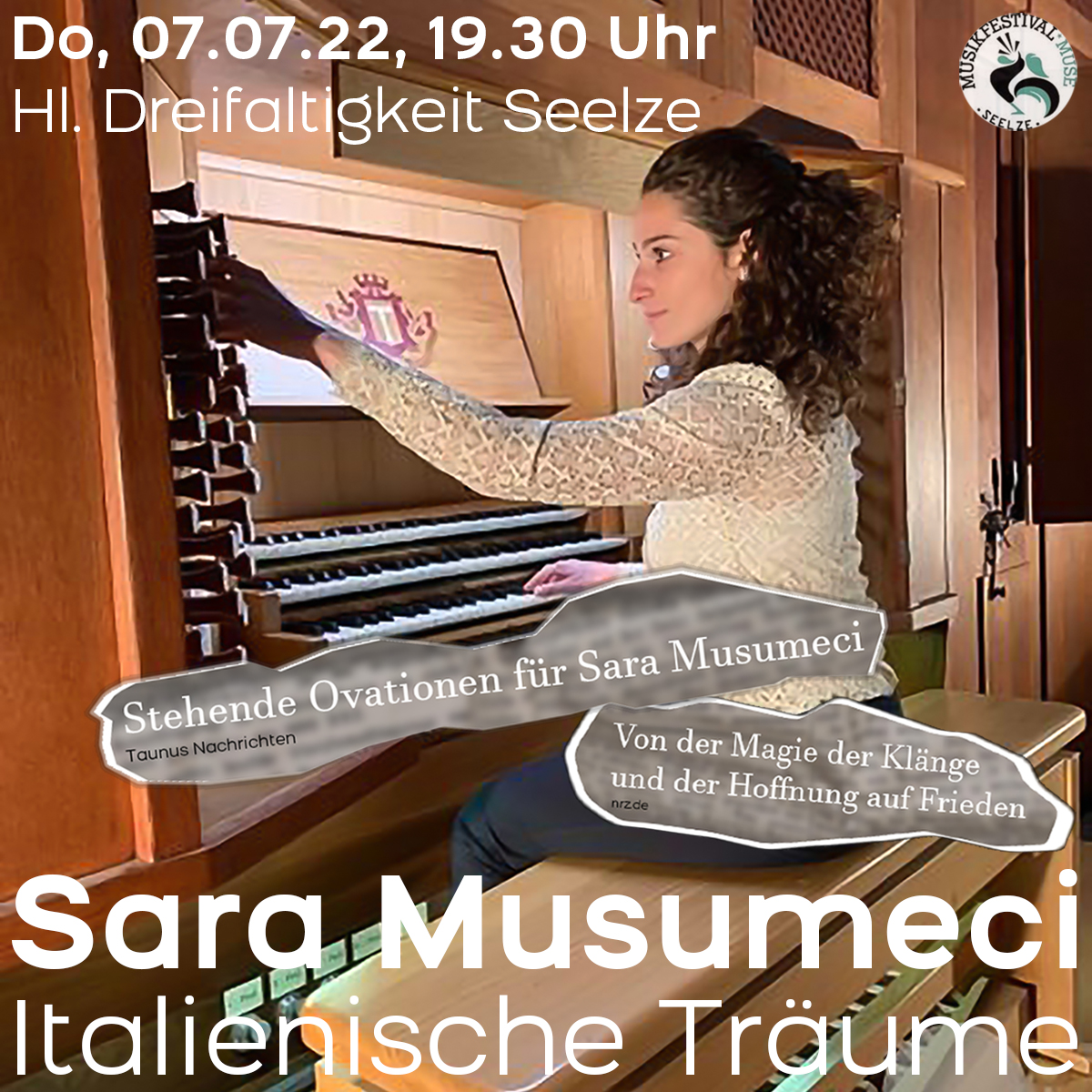 MuSeSeelze's tweet photo. Die #Organistin #Sarah #Musumici aus Sizilien mit dem 1. #Konzert der #MuSe 22. Unter dem Titel "Italienische Träume" stehen Stücke italienischer Komponisten auf dem Programm, die mit Bildern aus Italien untermalt werden.
VVK Eventim + Petri&amp;Waller Schreibwaren
Eintritt: 15€+VVK https://t.co/A8kdV0lEBU