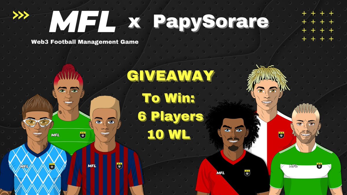 Nouveau jeu Web3 de management de foot en approche 

#Giveaways  🎁 10 gagnants :
Les 6 premiers gagneront un joueur et 1 place sur la WL, les 4 suivants une place sur la WL

- Follow <a href="/playMFL/">MFL</a> et <a href="/PapySorare/">PapySorare</a> 
- Retweet 

TAS 03/07
Tag des amis appréciés ^^
Bonne chance à tous :)