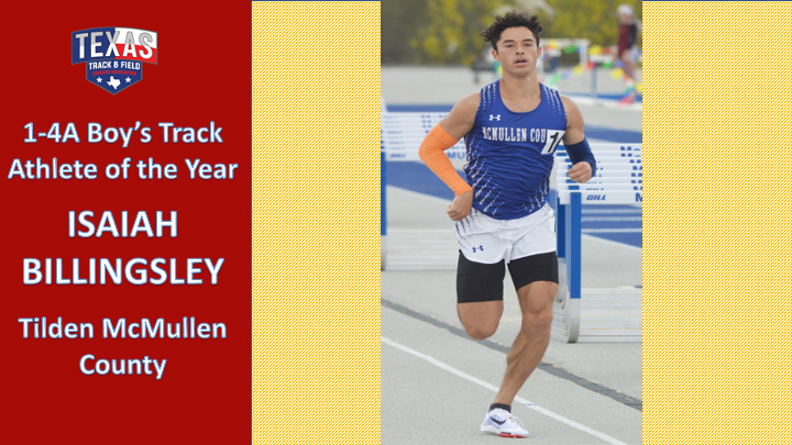TTFCA's tweet photo. BREAKING: 1-4A Boy's Track Athlete of the Year: ISAIAH BILLINGSLEY of Tilden McMullen County - @UIL State Meet, earned 22 points &amp; finished season leading 1A in 800 and 1600.
@TXMileSplit @trackbarn @AngryHalfMiler @xc_county @IsaiahBillings5 @PE1909 https://t.co/wlNJpCC8Vo