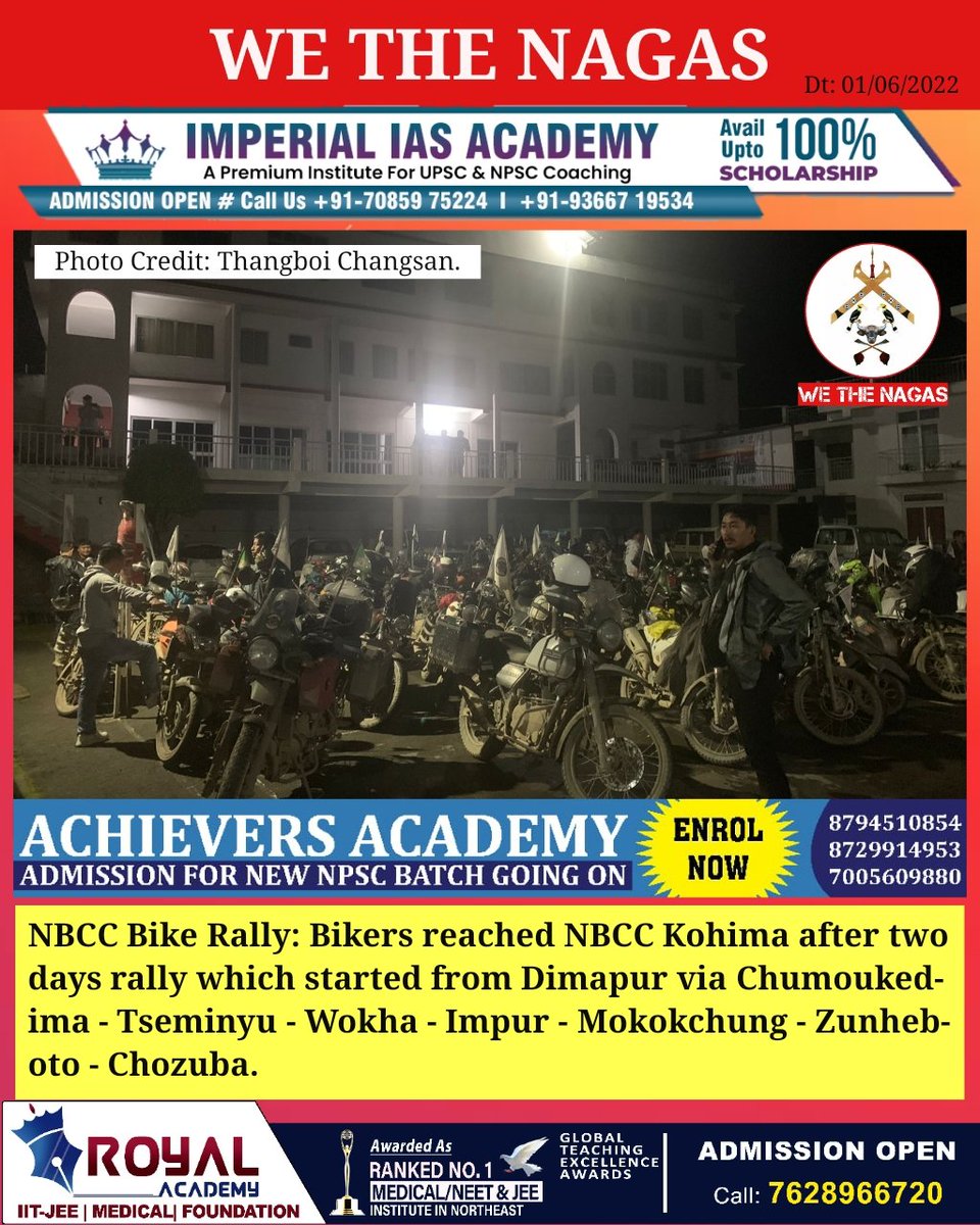 WeTheNagas's tweet photo. NBCC Bike Rally: Bikers reached NBCC Kohima after two days rally which started from Dimapur via Chumoukedima - Tseminyu - Wokha - Impur - Mokokchung - Zunheboto - Chozuba.
#Nagaland #Mokokchung #Zunheboto #Chozuba #Impur #Chumoukedima #Tseminyu #Wokha #NBCC #NBCCBikeRally https://t.co/DDRqjI1NrH