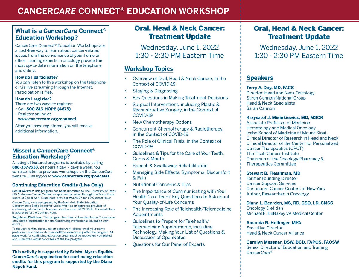 We welcome you to participate in the Head and Neck Cancer Alliance and 
<a href="/CancerCare/">CancerCare</a>’s upcoming workshop, Oral, Head &amp; Neck Cancer: Treatment Update on Wednesday, June 1 from 1:30-2:30 pm Eastern Time. bit.ly/3NzbnLD
