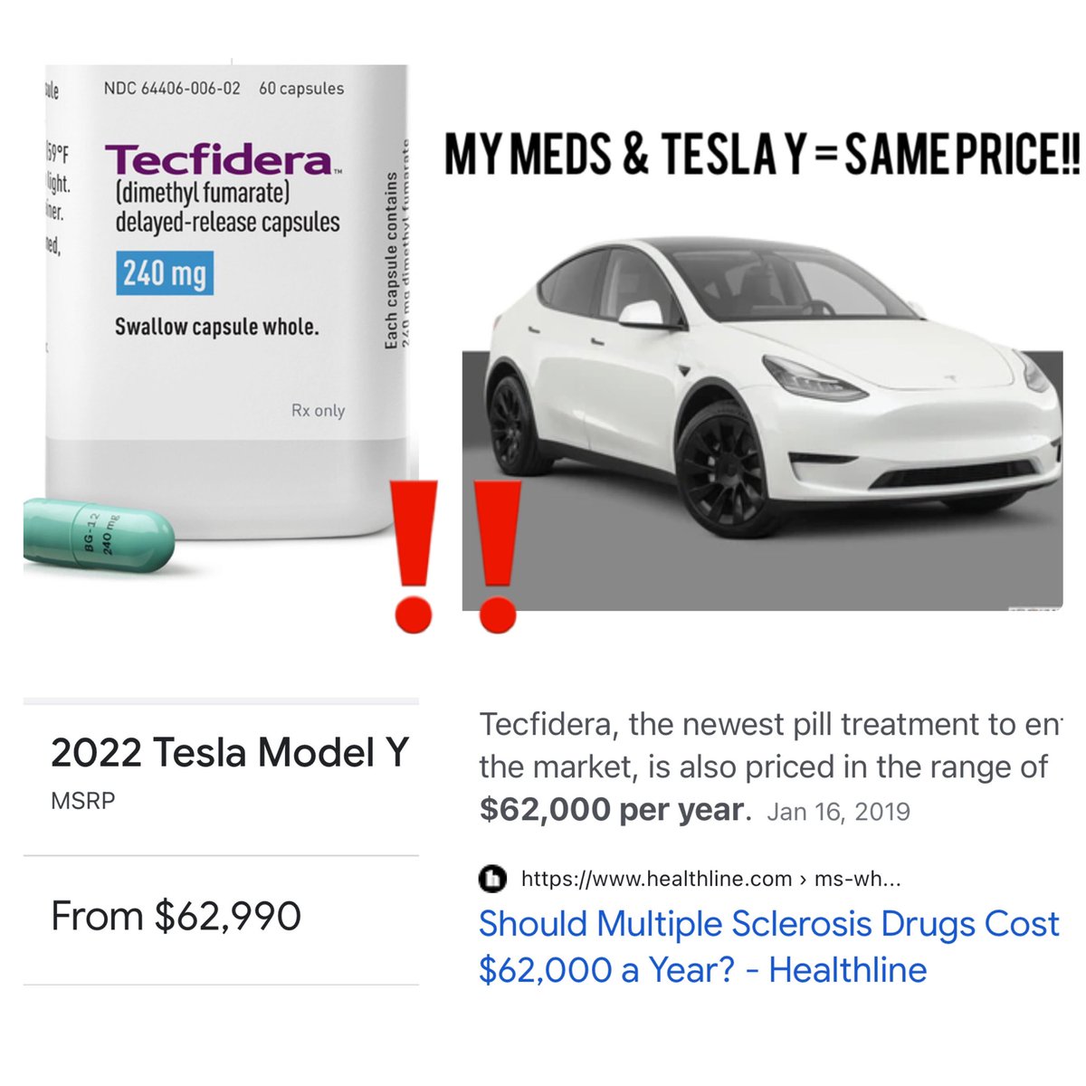 My yearly MS Drugs cost is the same as a 2022 Tesla Y! 60k+ <a href="/elonmusk/">Elon Musk</a> can you believe that!!  <a href="/POTUS/">President Donald J. Trump</a> <a href="/RepDonBeyer/">Rep. Don Beyer</a> #MSActivist #PushForLoweRXPrices