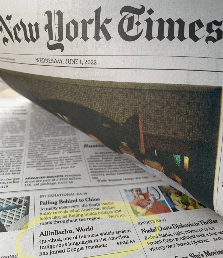 Américo Mendoza Mori (@ameriqo) on Twitter photo “Allinllachu (Hi!), world!” Today’s front page of the <a href="/nytimes/">The New York Times</a> includes an #Quechua language for the first time.
🌎 Indigenous issues are global issues. Kawsachun! 🏔☀️ nytimes.com/2022/05/31/wor… “Allinllachu (Hi!), world!” Today’s front page of the <a href="/nytimes/">The New York Times</a> includes an #Quechua language for the first time.
🌎 Indigenous issues are global issues. Kawsachun! 🏔☀️ nytimes.com/2022/05/31/wor…