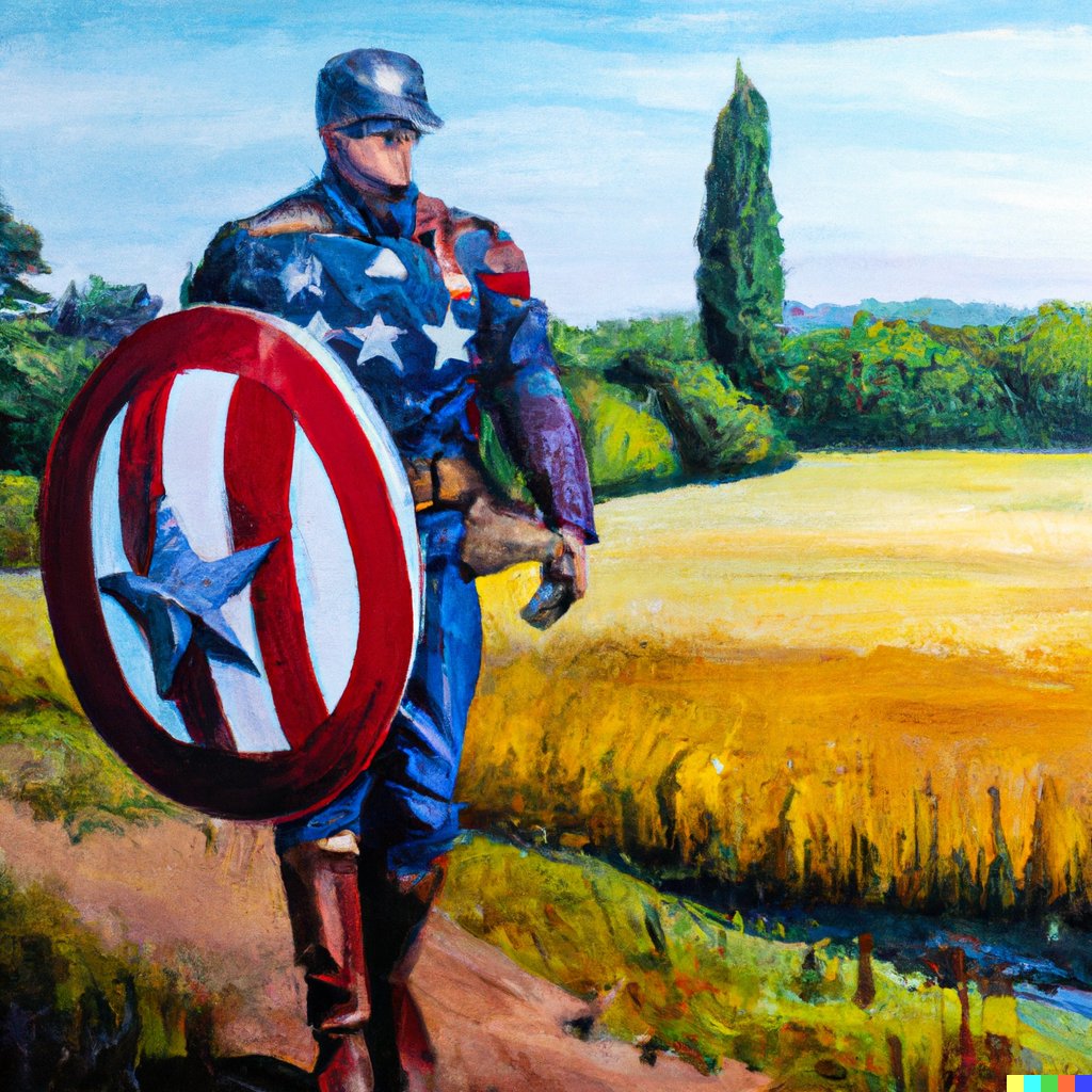 alexisohanian's tweet photo. Oil painting of Captain America carrying an American flag through a French countryside. #DALLE

I could do this all day! https://t.co/JNqXdQmCQ7