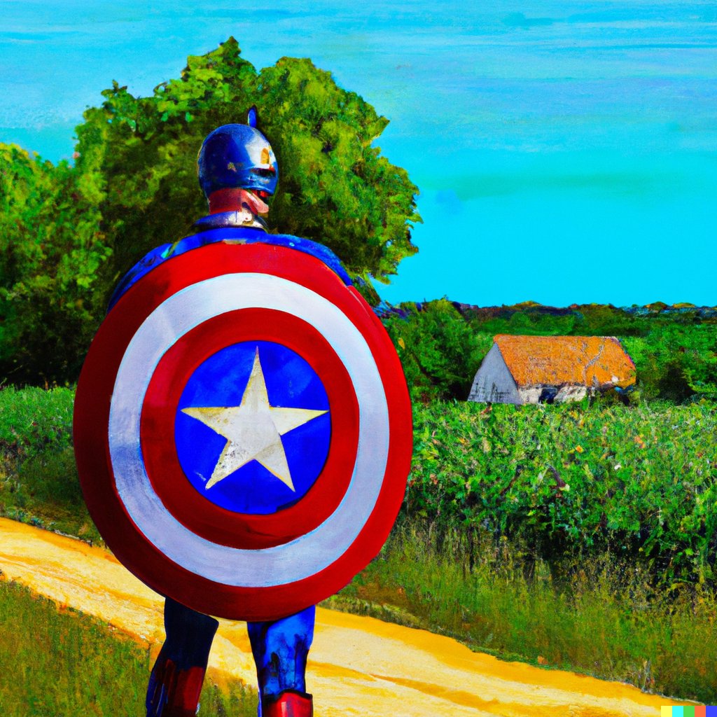 alexisohanian's tweet photo. Oil painting of Captain America carrying an American flag through a French countryside. #DALLE

I could do this all day! https://t.co/JNqXdQmCQ7