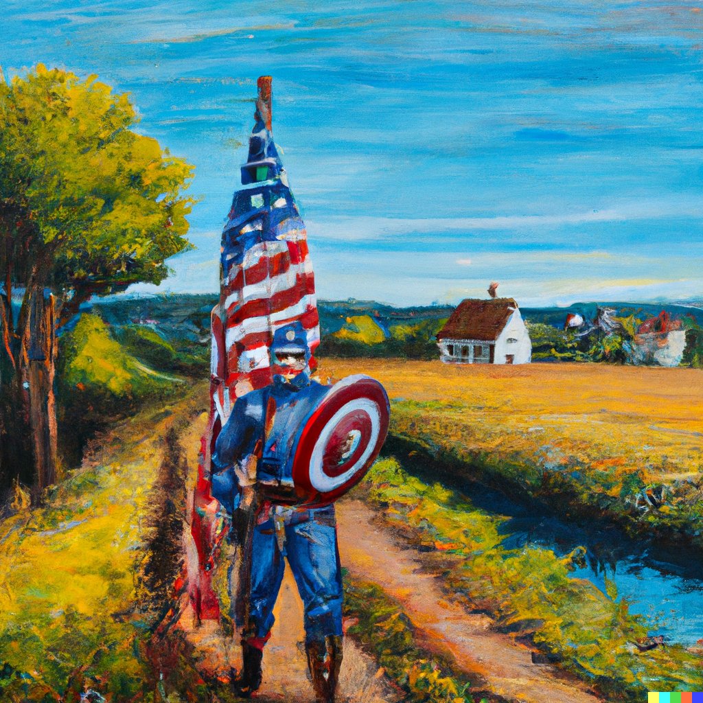 alexisohanian's tweet photo. Oil painting of Captain America carrying an American flag through a French countryside. #DALLE

I could do this all day! https://t.co/JNqXdQmCQ7
