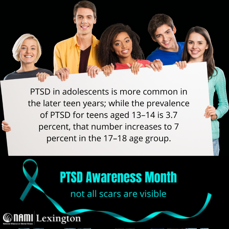 NAMILexington's tweet photo. PTSD in adolescents is more common in the later teen years; while the prevalence of PTSD for teens aged 13-14 is 3.7 percent, that number increases to 7 percent in the 17-18 age group. #PTSDAwareness https://t.co/lSnwIPnQyz