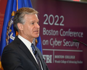 FBI Director Christopher Wray addresses the 2022 Boston Conference on Cyber Security in Boston, Massachusetts, on June 1, 2022.