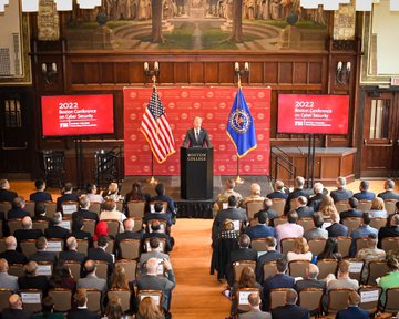 FBI Director Christopher Wray addresses the 2022 Boston Conference on Cyber Security in Boston, Massachusetts, on June 1, 2022.