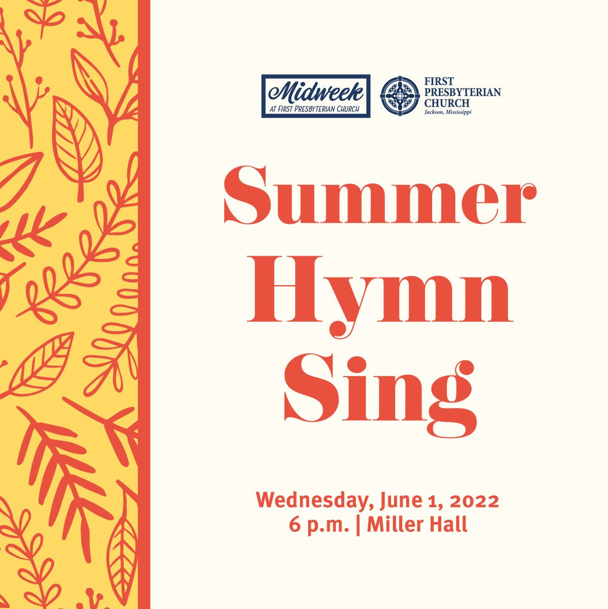 Join us for Midweek Hymn Sing tonight! We'll have Midweek Supper at 5:00 p.m., followed by a church-wide hymn sing at 6:00. Children are invited to sit with their parents for the hymn sing, there will be no separate programming for children. The nursery is also available!