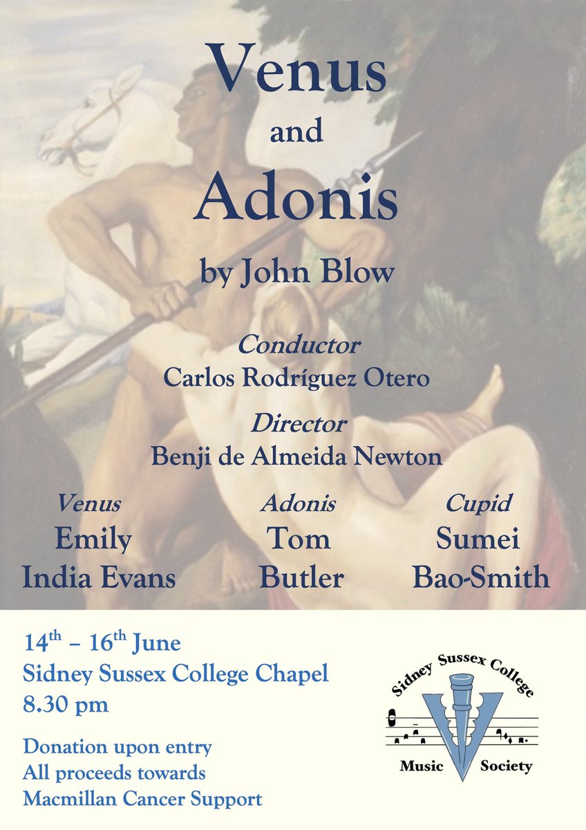 We are so excited for our production of John Blow’s Venus and Adonis! Tickets are available at the link in our bio 🤩🎼🎶 all proceeds go to <a href="/macmillancancer/">Macmillan Cancer Support</a>